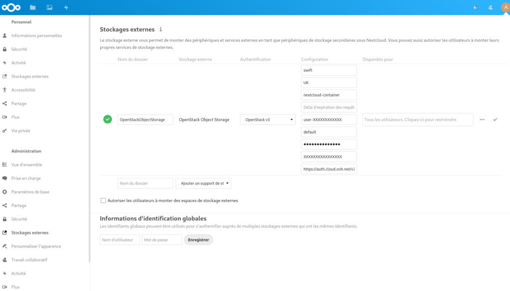 Openstack Object Storage dans Nextcloud